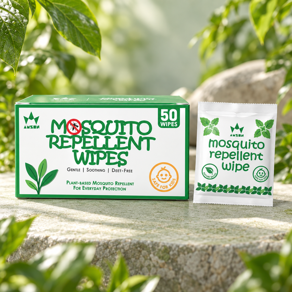 Mosquito Repellent Wipes 50-count box and sachet in natural green setting