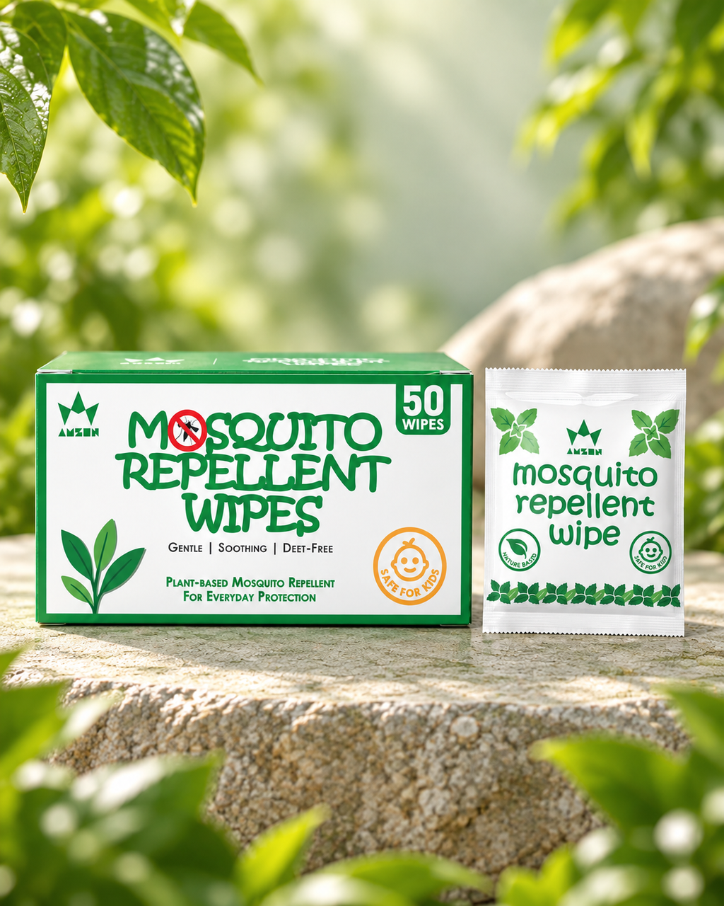 Mosquito Repellent Wipes box and sachet on natural green background