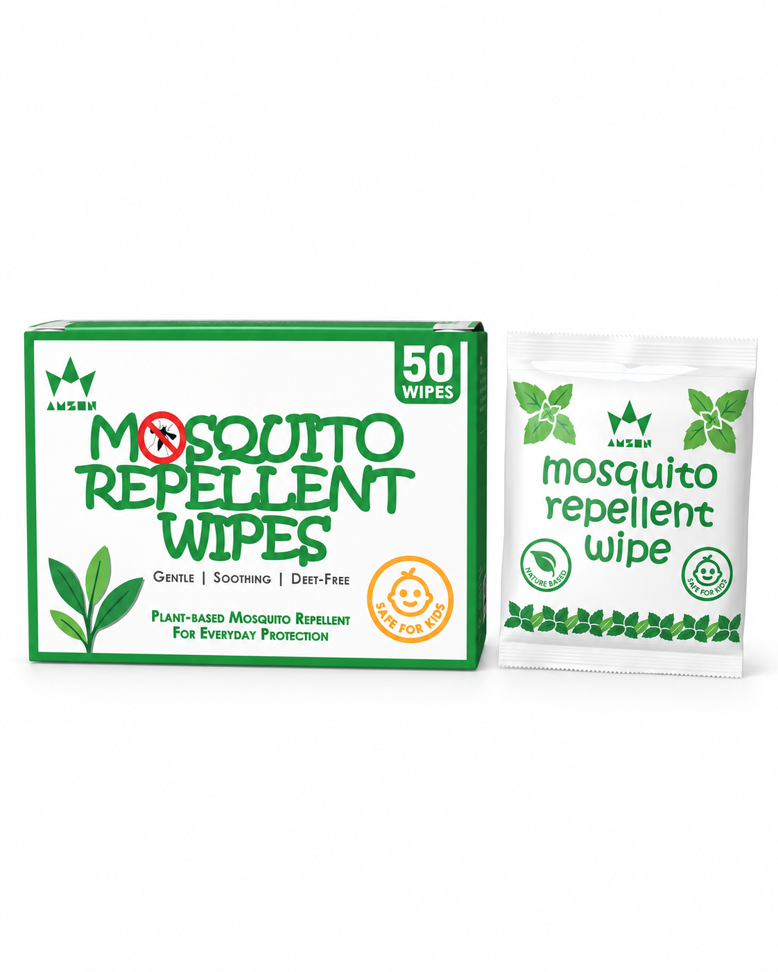 Mosquito Repellent Wipes box and sachet on clean white background